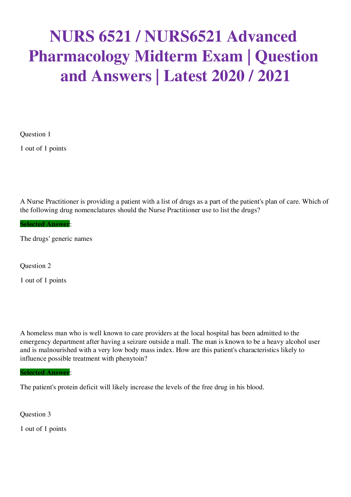 Preview of NURS 6521 / NURS6521 Advanced Pharmacology Midterm Exam | Question and Answers